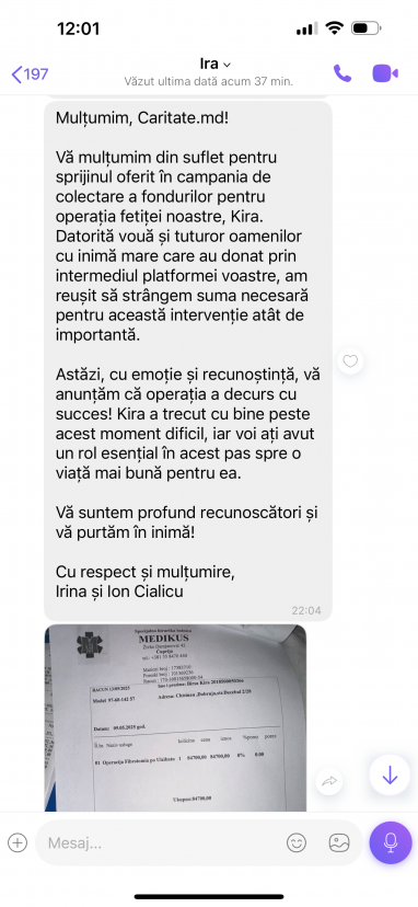 Micuța Kira vǎ mulțumește pentru șansa la o viața fără chin!